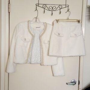 Two-Piece White Pearl Fluffy jacket + skirt